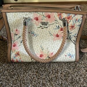 Guess Tan and Pink Floral Satchel